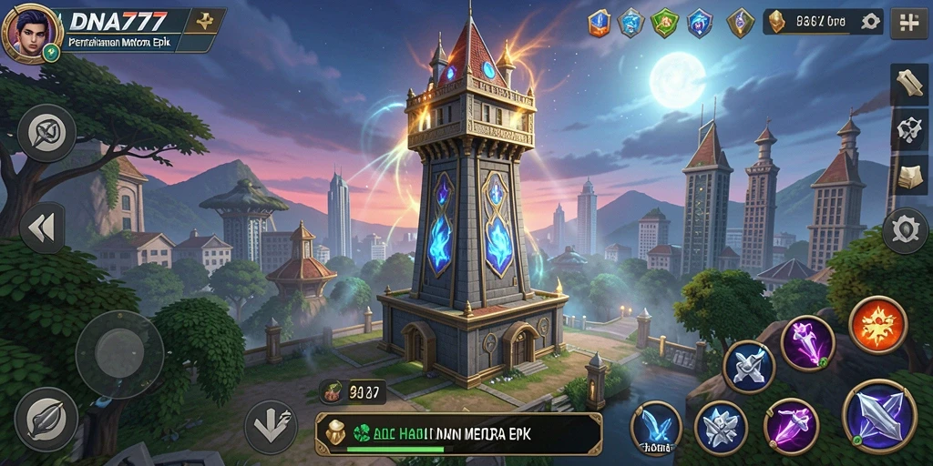 Tampilan menarik dari gameplay Tower Defense DNA777 saat melawan gelombang musuh.