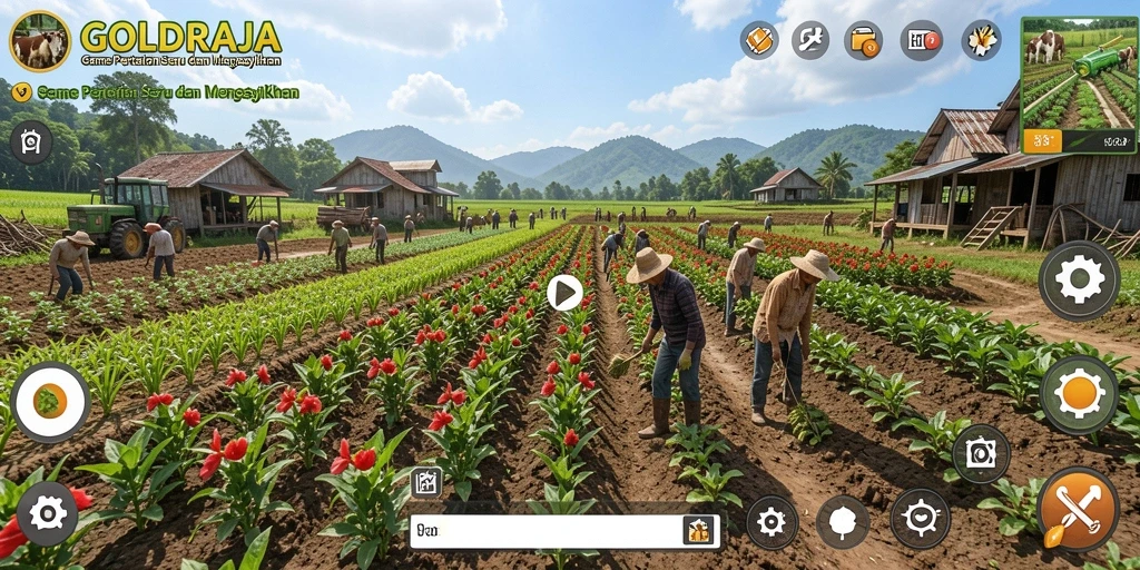 Screenshot gameplay GOLDRAJA menampilkan aksi seru bertani dan merawat hewan.