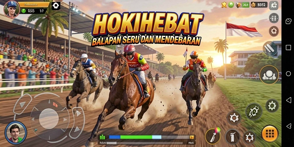Tampilan seru gameplay HOKIHEBAT saat balapan di trek yang menantang.