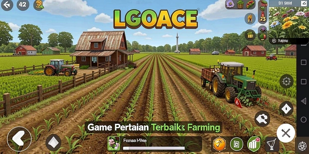 Tampilan gameplay LGOACE dengan ladang subur dan tanaman beragam.